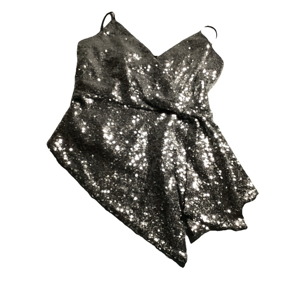 Women's Silver Sequence Top Medium DO+BE Dressy Party Formal Satin Lined
